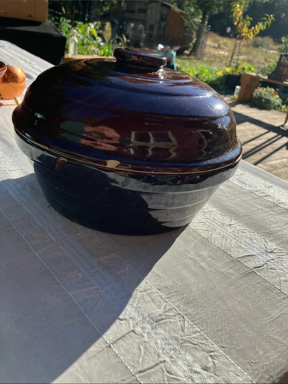 Mcm stoneware heavy brown glazed Dutch oven roaster with lid